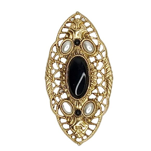 Goldtone Victorian Filigree Oval Faux Onyx Pearl Brooch 2.25"X1.25" - Picture 1 of 3